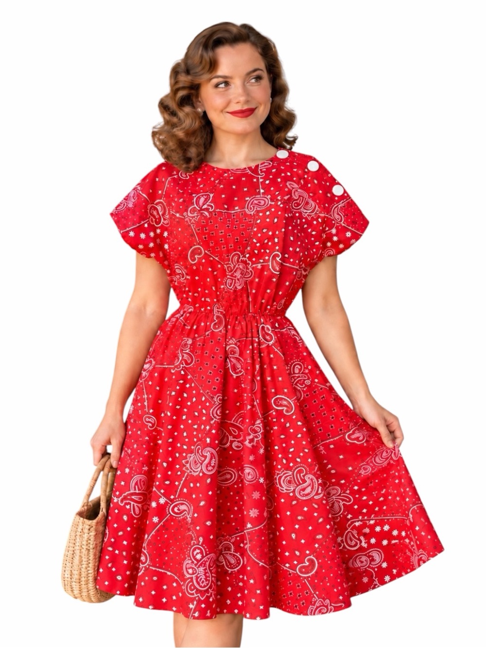 Vintage Village Fair 16 Red Handkerchief Bandana Paisley Print Cotton Dress 60s